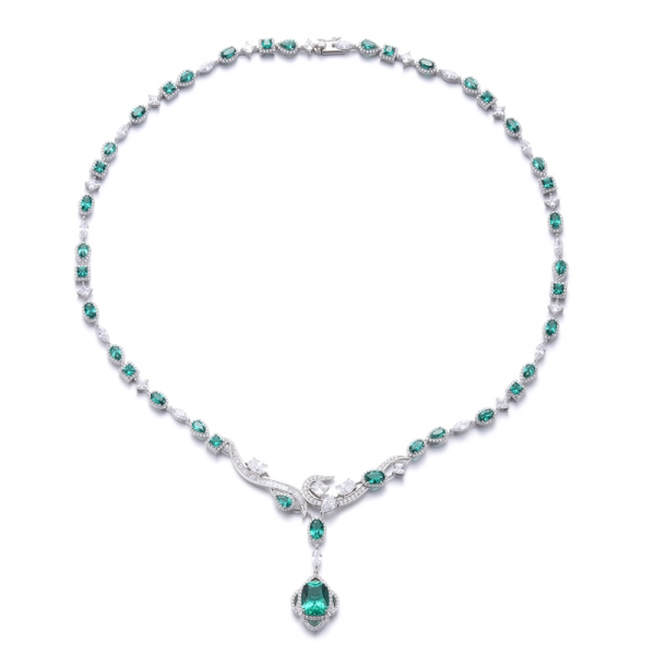 Cushion And Oval Shape Green Nano Rhodium Silver Necklace 
