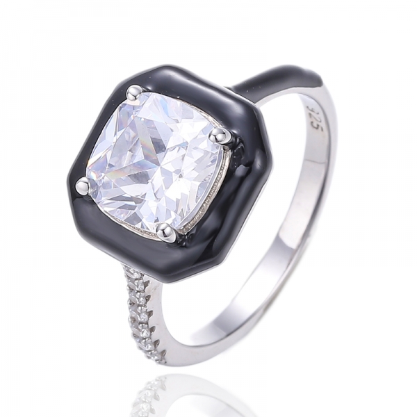 Cushion White Cubic Zircon And Green Enamel Rhodium Plating Silver Ring 