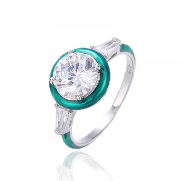 Round White Cubic Zircon And Black Enamel Rhodium Plating Silver Ring 