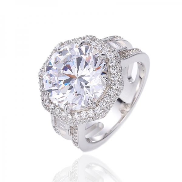 Round Tanzanite And Baguette White Cubic Zircon Rhodium Silver Ring 