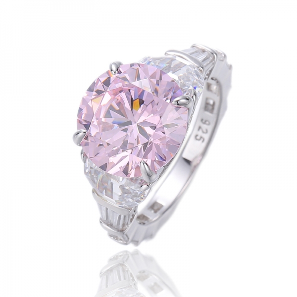Round Diamond Pink And Half Moon Shape White Cubic Zircon Rhodium Silver Ring 