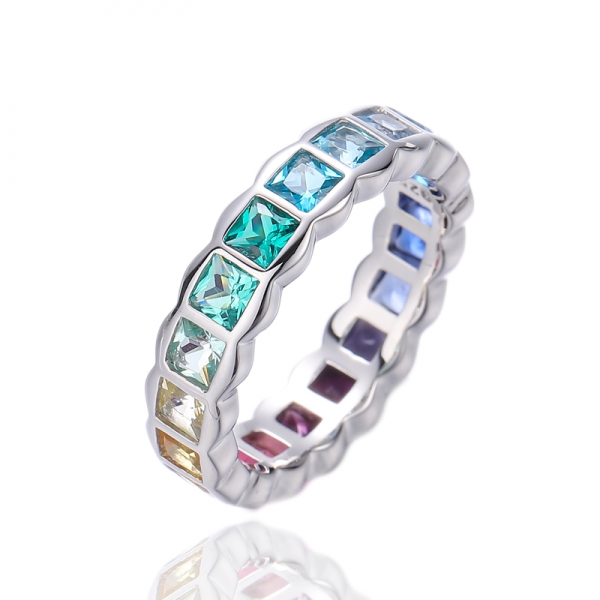 Square Multi Color Cubic Zircon Rhodium Plating Silver Eternity Ring 