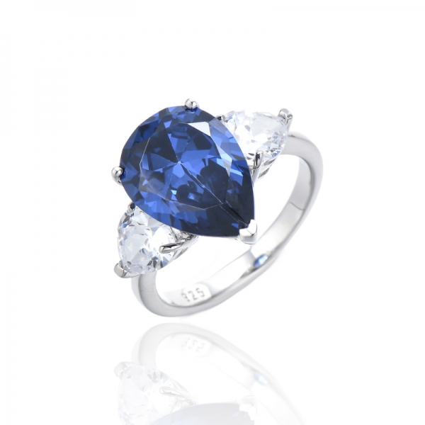 Pear Shape Tanzanite And Heart Shape White Cubic Zircon Rhodium Silver Ring 