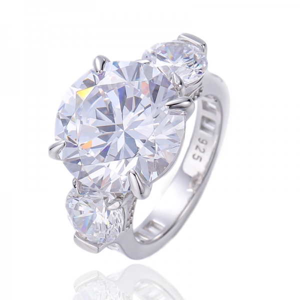 Round Diamond Yellow And Baguette White Cubic Zircon Rhodium Silver Ring 
