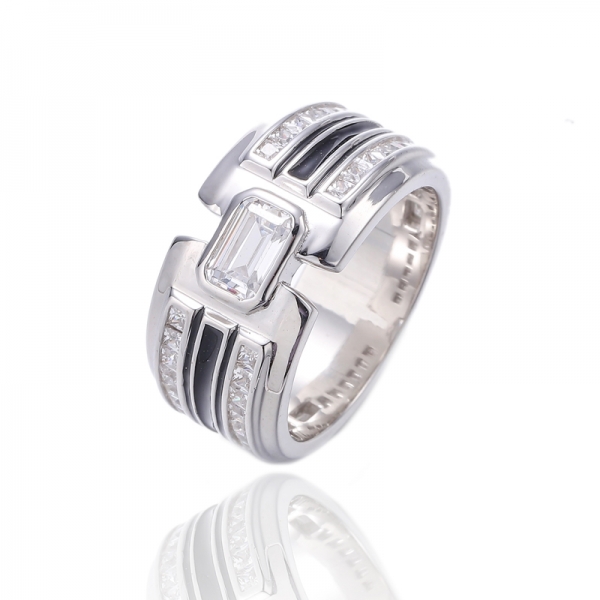 Green Enamel And Emerald Cut Green Nano Silver Ring With Gold Plating 