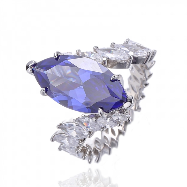 Marquise Tanzanite And White Cubic Zircon Rhodium Silver Ring 