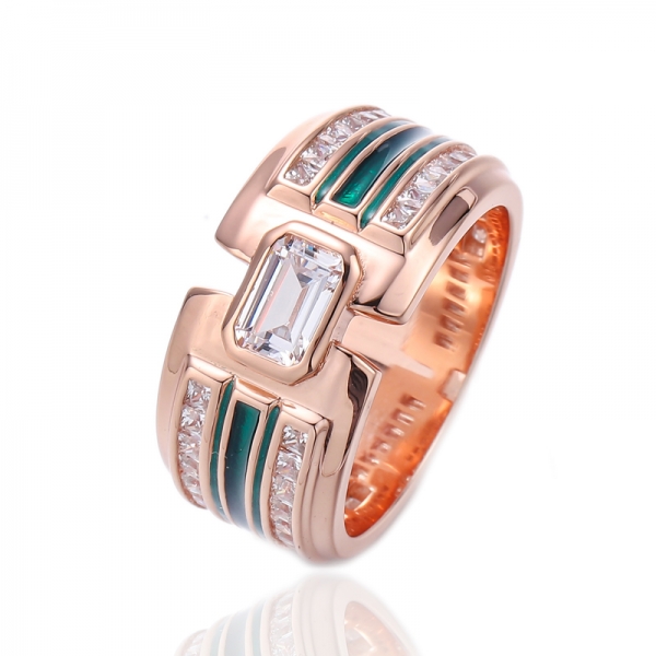 Green Enamel And Emerald Cut Green Nano Silver Ring With Gold Plating 