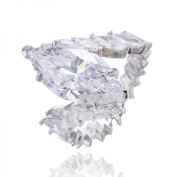 Marquise Tanzanite And White Cubic Zircon Rhodium Silver Ring 