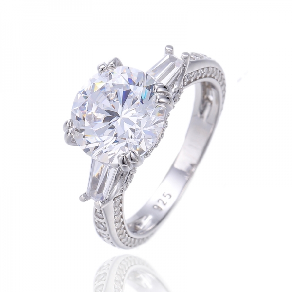 Round Green Nano And Tapered White Cubic Zircon Rhodium Silver Ring 