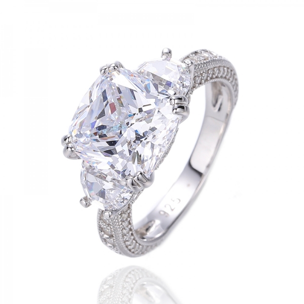 Cushion Diamond Yellow And Half Moon Shape White Cubic Zircon Rhodium Silver Ring 