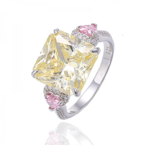 Octagon Diamond Yellow And Heart Shape Diamond Pink Cubic Zircon Rhodium Silver Ring 