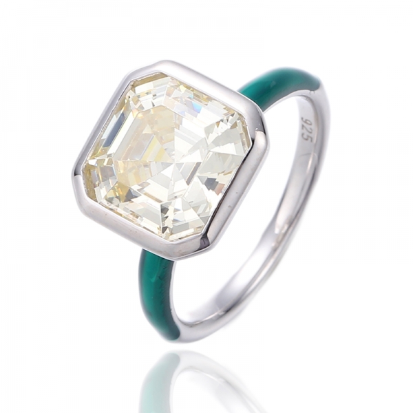 Asscher Pink Cubic Zircon And Green Enamel Rhodium Plating Silver Ring 
