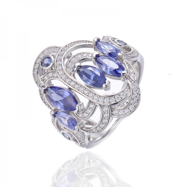 Marquise Tanzanite Cubic Zircon And Round Tanzanite Nano Rhodium Silver Ring 