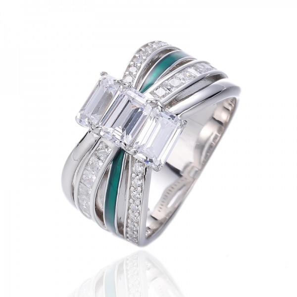 Emerald Cut Blue Nano And Black Enamel Rhodium Plating Silver Ring 