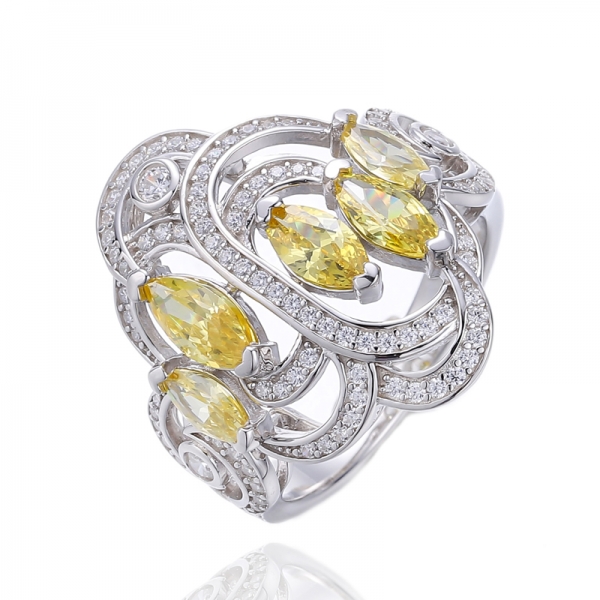 Marquise Tanzanite Cubic Zircon And Round Tanzanite Nano Rhodium Silver Ring 