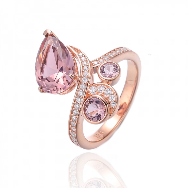 Pear Shape And Round Morganite Nano Silver Ring With Rose Gold Plating 