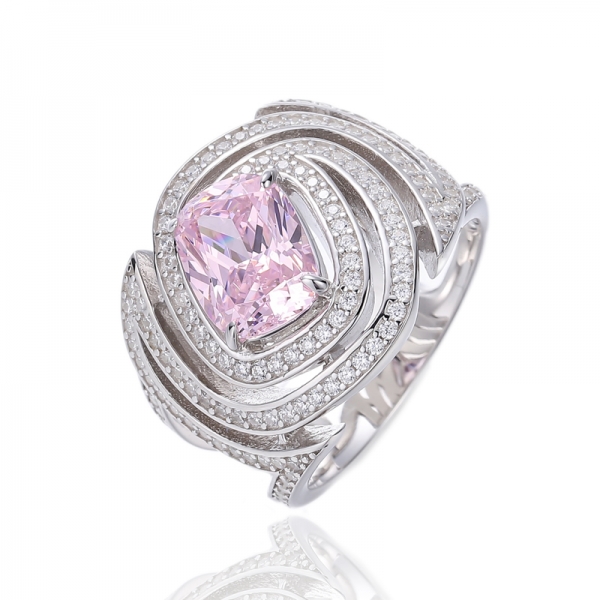 Cushion Morganite Nano And Round White Cubic Zircon Silver Ring With Rose Gold Plating 