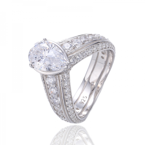 Pear Shape Diamond Pink And Round Pink Cubic Zircon Rhodium Silver Ring 
