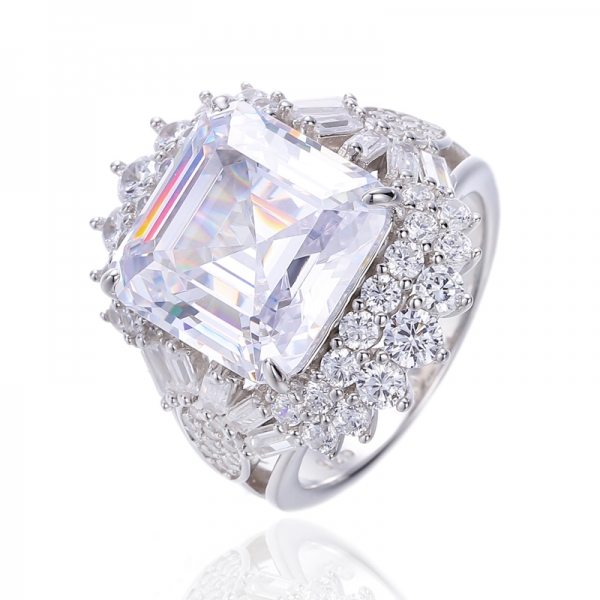 Asscher Pink And Baguette White Cubic Zircon Rhodium Plating Silver Ring 