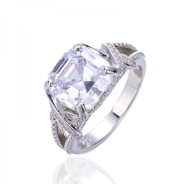 Asscher Canary And Round White Cubic Zircon Rhodium Plating Silver Ring 