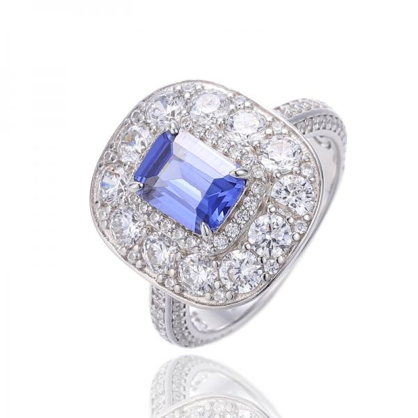 Emerald Cut Diamond Pink And Round Pink Cubic Zircon Rhodium Silver Ring 