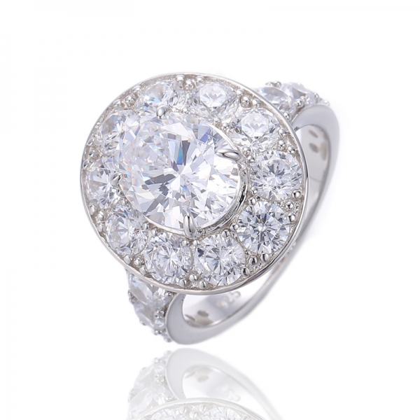 925 Oval Shape Tanzanite And Round White Cubic Zircon Rhodium Plating Silver Ring 