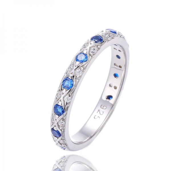 925 Round Shape Blue Nano Rhodium Silver Ring 