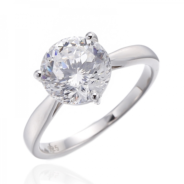 Round Shape Diamond G Cubic Zircon Rhodium Plating Silver Ring 
