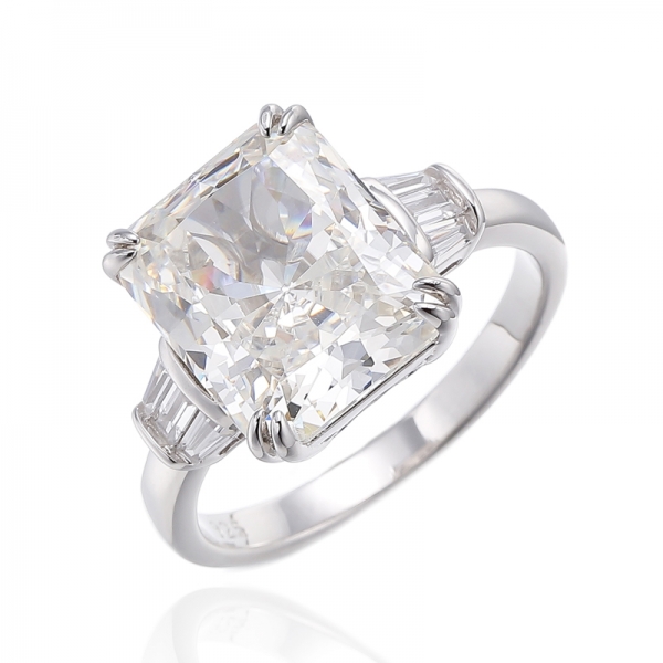 Emerald Cut Diamond G And Baguette White Cubic Zircon Rhodium Silver Ring 