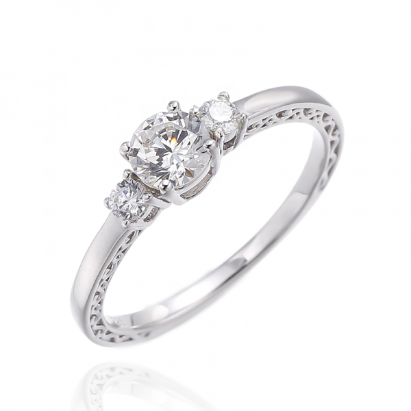 925 Round Shape Diamond G And White Cubic Zircon Rhodium Silver Ring 