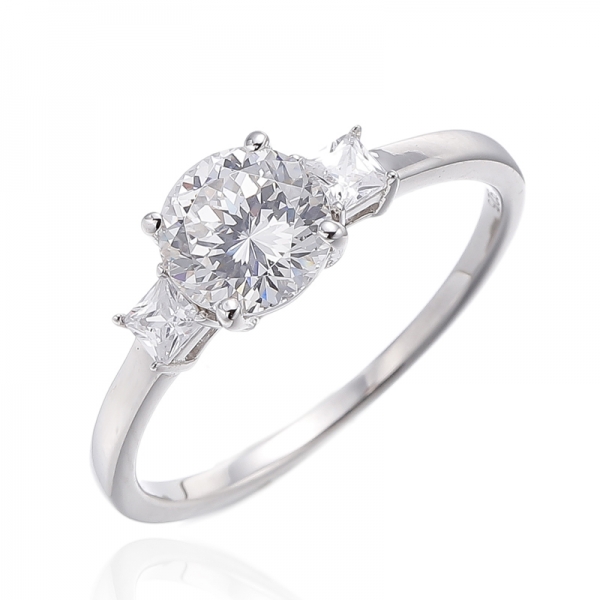 Round Shape Diamond G And Square White Cubic Zircon Rhodium Silver Ring 