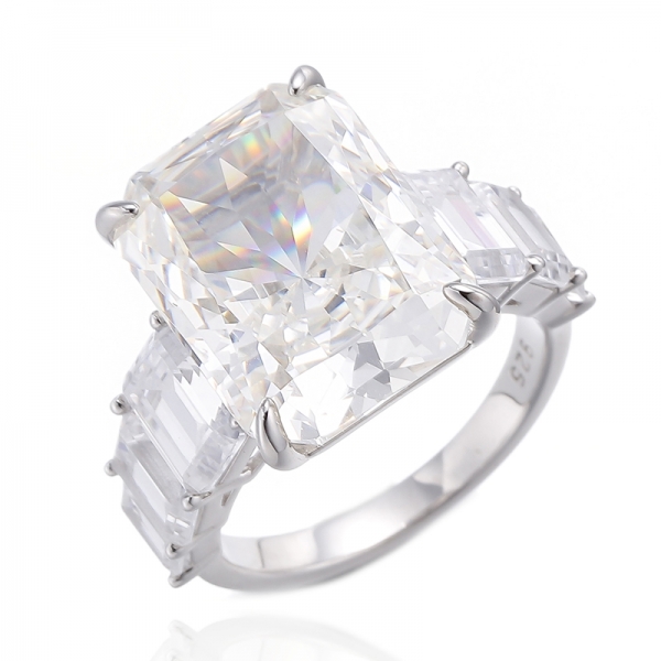 Octagon Diamond G And Emerald Cut White Cubic Zircon Rhodium Silver Ring 