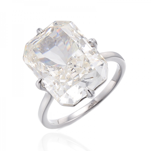 Emerald Cut Diamond G Cubic Zircon Rhodium Silver Ring 