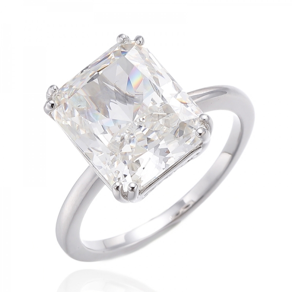 925 Emerald Cut Diamond G Cubic Zircon Rhodium Silver Ring 