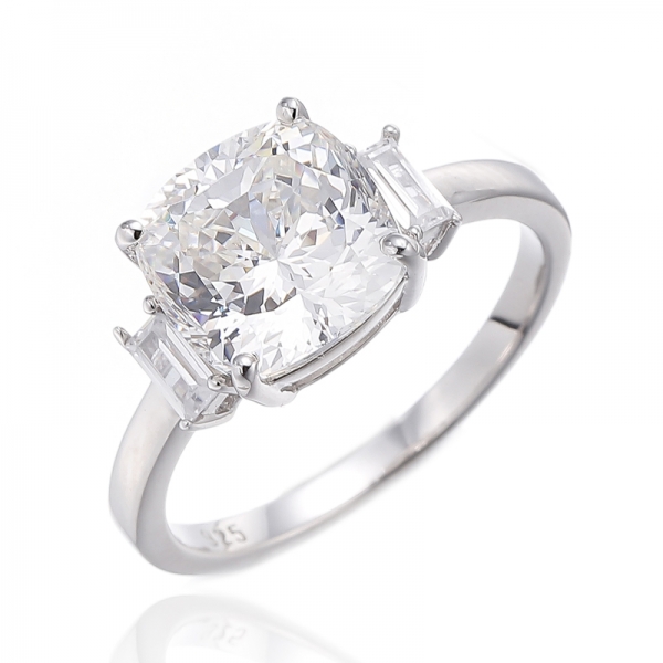 Cushion Diamond G And Baguette White Cubic Zircon Rhodium Silver Ring 