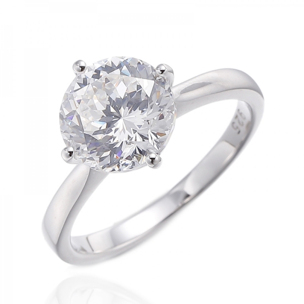 925 Round Shape Diamond G Cubic Zircon Rhodium Silver Ring 