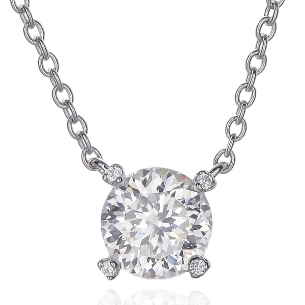Round Diamond G And White Cubic Zircon Rhodium Silver Necklace 