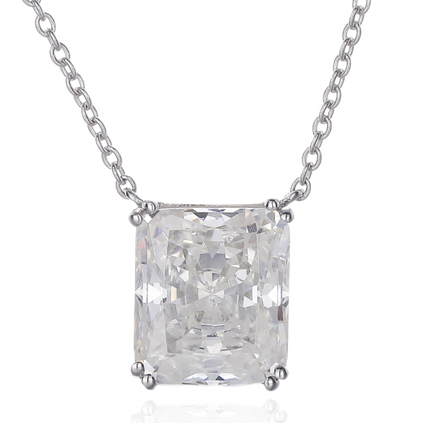 Emerald Cut Diamond G Cubic Zircon Rhodium Silver Necklace 