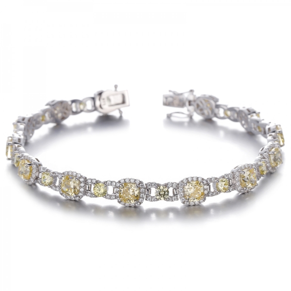 Cushion And Round Diamond G Color Cubic Zircon Rhodium Silver Bracelet 