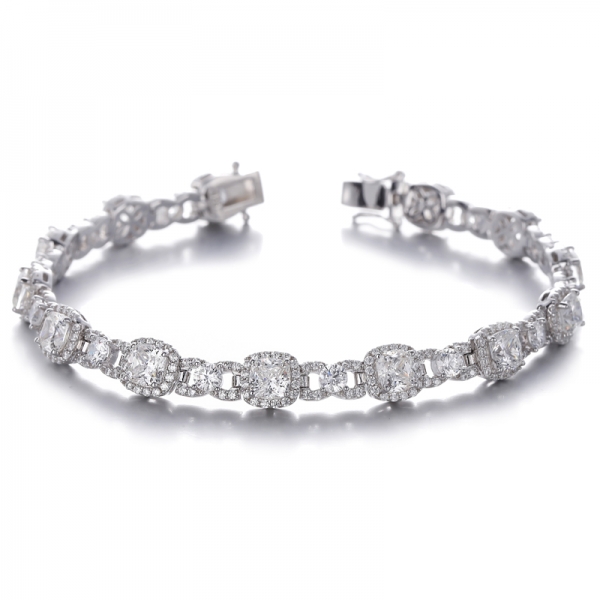 Cushion And Round Diamond G Color Cubic Zircon Rhodium Silver Bracelet 