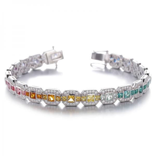 Square Diamond Yellow And Round White Cubic Zircon Rhodium Silver Bracelet 