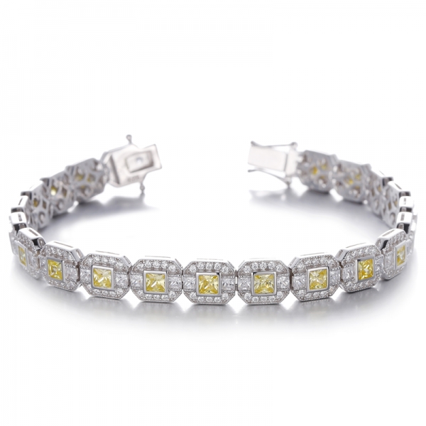 Square Diamond Yellow And Round White Cubic Zircon Rhodium Silver Bracelet 