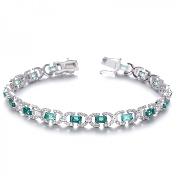 Emerald Cut And Round Diamond G Color Cubic Zircon Rhodium Silver Bracelet 