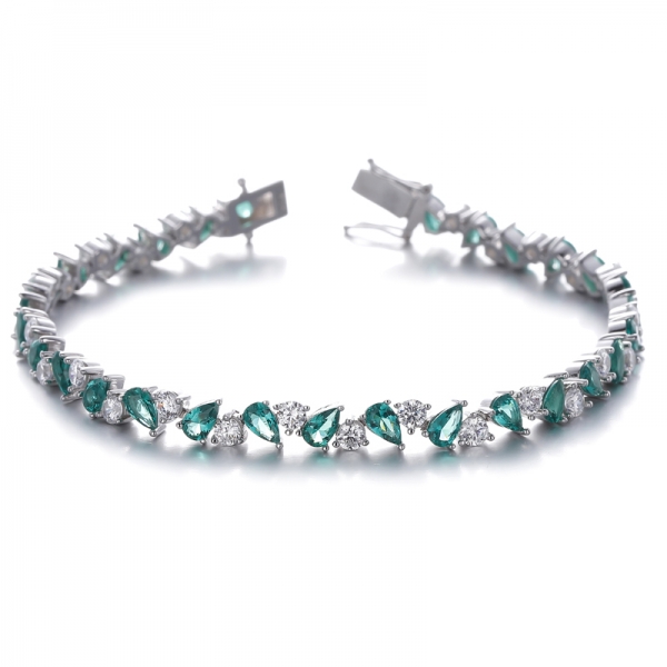 Pear Shape Green Nano And Round White Cubic Zircon Rhodium Silver Bracelet 