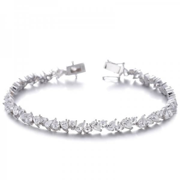 Pear Shape Green Nano And Round White Cubic Zircon Rhodium Silver Bracelet 