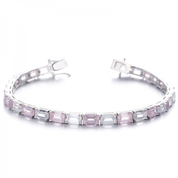 Emerald Cut Diamond Pink And White Cubic Zircon Rhodium Silver Bracelet 