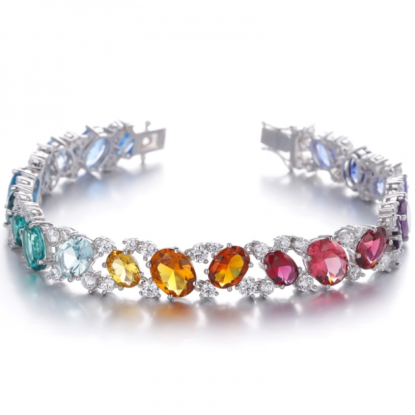 Oval Shape Rainbow Color And Round White Cubic Zircon Rhodium Silver Bracelet 