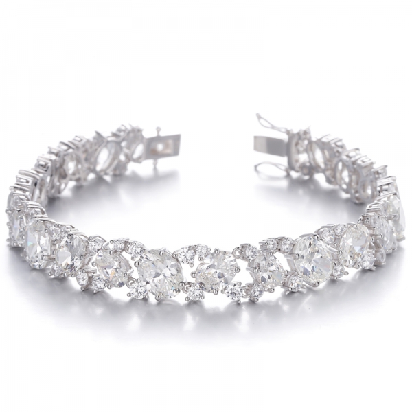 Oval Shape Rainbow Color And Round White Cubic Zircon Rhodium Silver Bracelet 