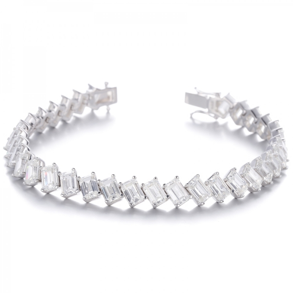 Emerald Cut Blue Corundum And White Cubic Zircon Rhodium Silver Bracelet 