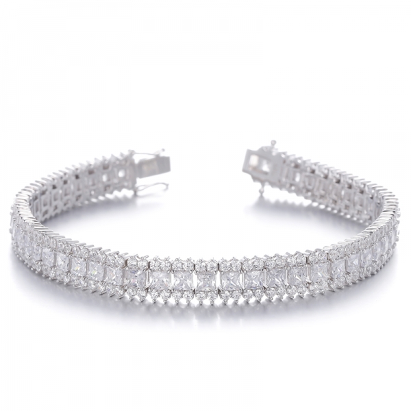 Square Rainbow Color And Round White Cubic Zircon Rhodium Silver Bracelet 